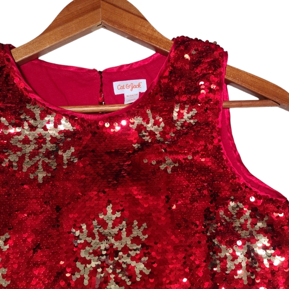 Cat & Jack Bright Red Flip Sequences Christmas Snowflakes XL 14-16 Dress - Picture 2 of 11